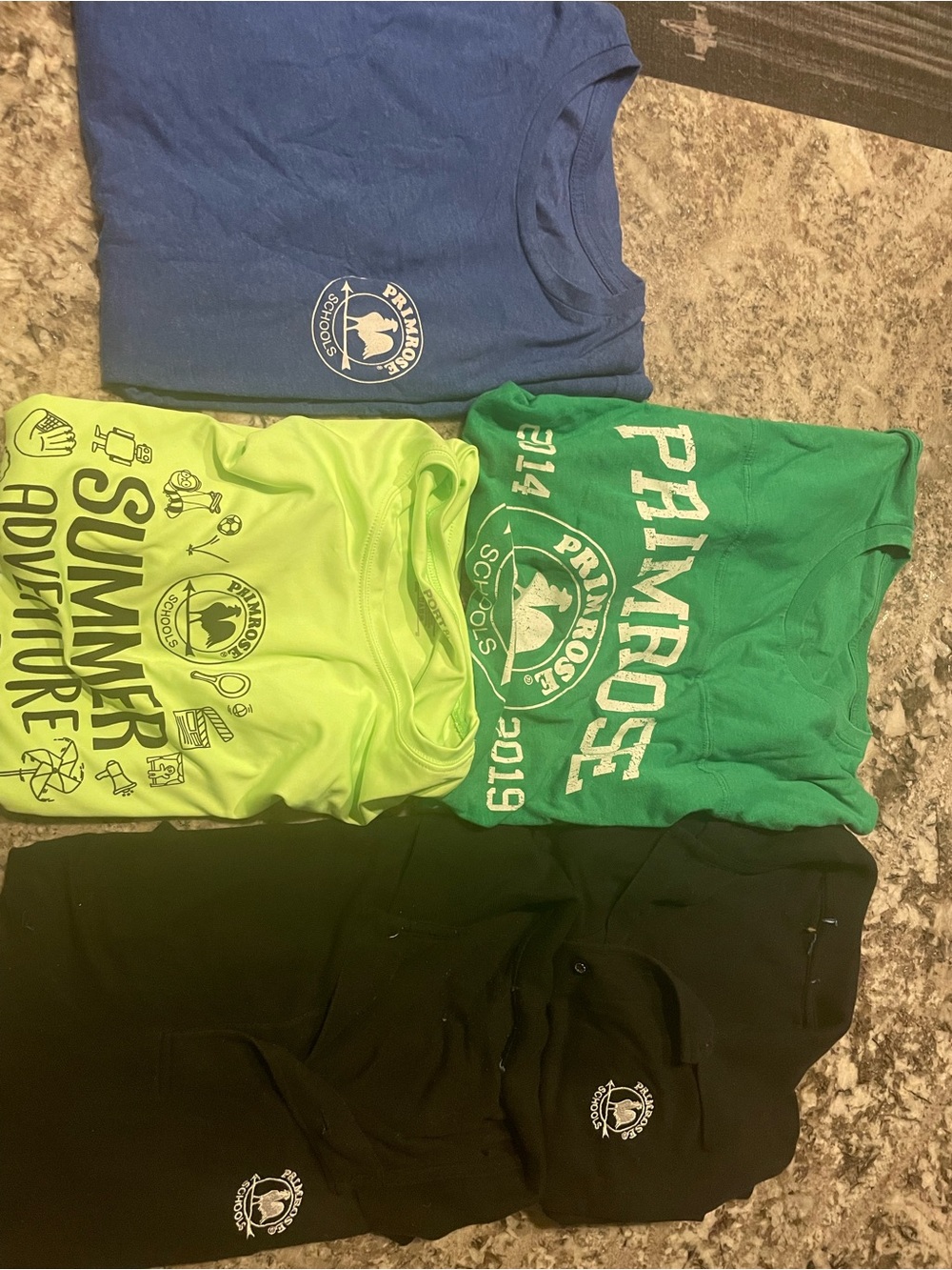 Set of 4 School Logo Tees in Blue, Green, Neon Yellow & Black